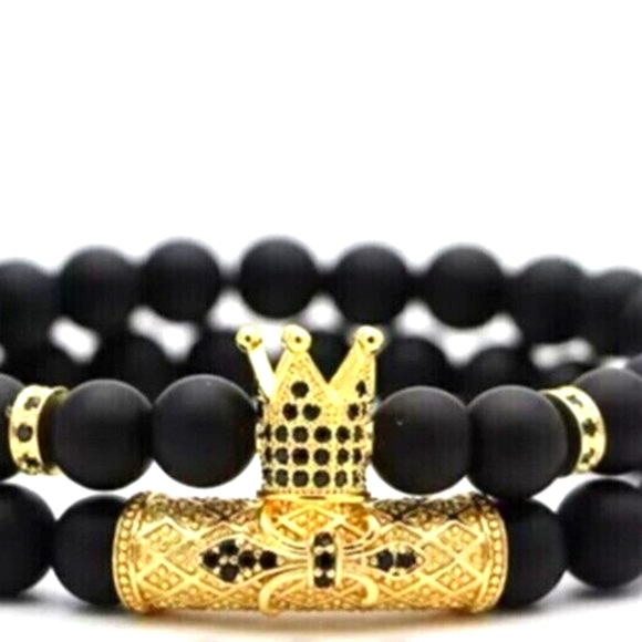 NWT 4 Pc Men's Black & Gold Natural Stone Pave Charm Bracelet Sets Cbc Zirconia - Picture 3 of 3